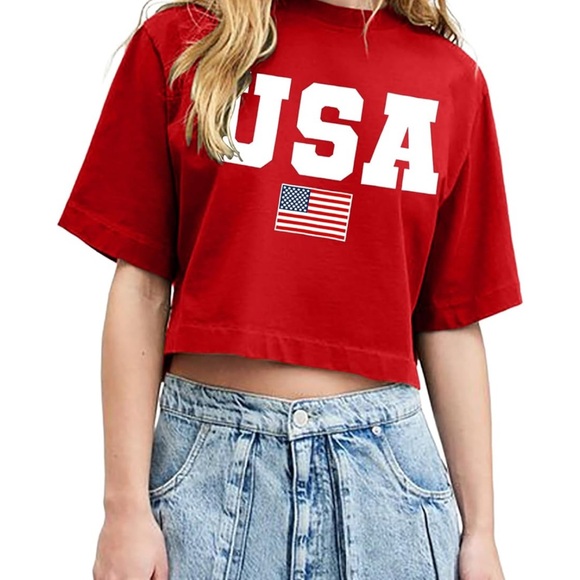 Red USA women’s T-Shirt cropped top with American flag. NWOT. L & XL available - Picture 3 of 6